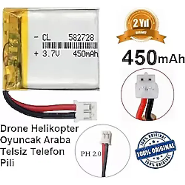 Ph 2.0 450 Mah 3.7V Siyah Soket Drone Helikopter Oyuncak Araba Telsiz Telefon Pili