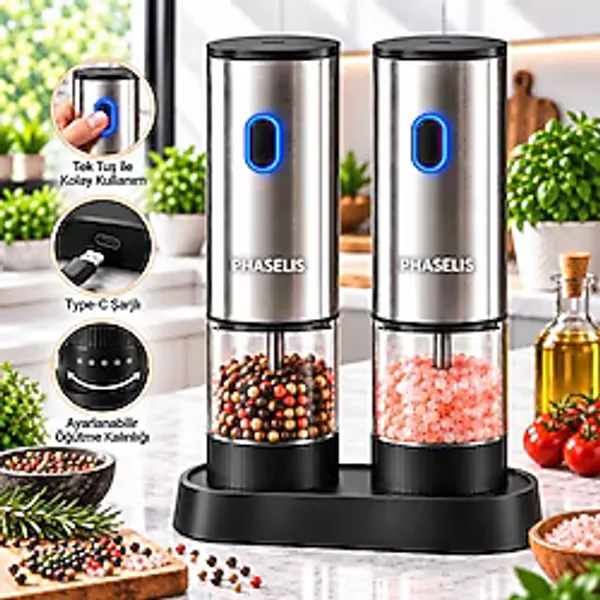 Phaselıs Ps-02 Type-C USB Şarjlı Tuz ve Karabiber Öğütücü Değirmeni 2'li Paket Set Ayarlanabilir Öğütme - Inox