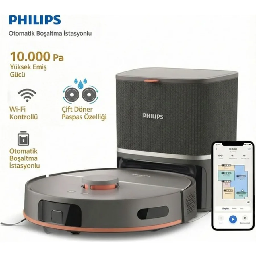 Philips 10.000 Pa Rekor Emiş Gücü ve Çift Döner Paspaslı Robot Süpürge Leke Çıkarıcı Mop Teknolojisi Küçük Engel Algılama ve Lazer Navigasyon - Siyah