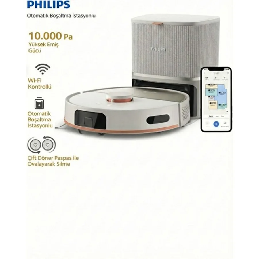 Philips 10.000 Pa Yüksek Emiş Gücü ve Çift Döner Paspaslı Robot Süpürge Kendi Kendini Boşaltan İstasyonlu Leke Çıkarıcı Mop Teknolojisi ve Lazer Navigasyon - Beyaz
