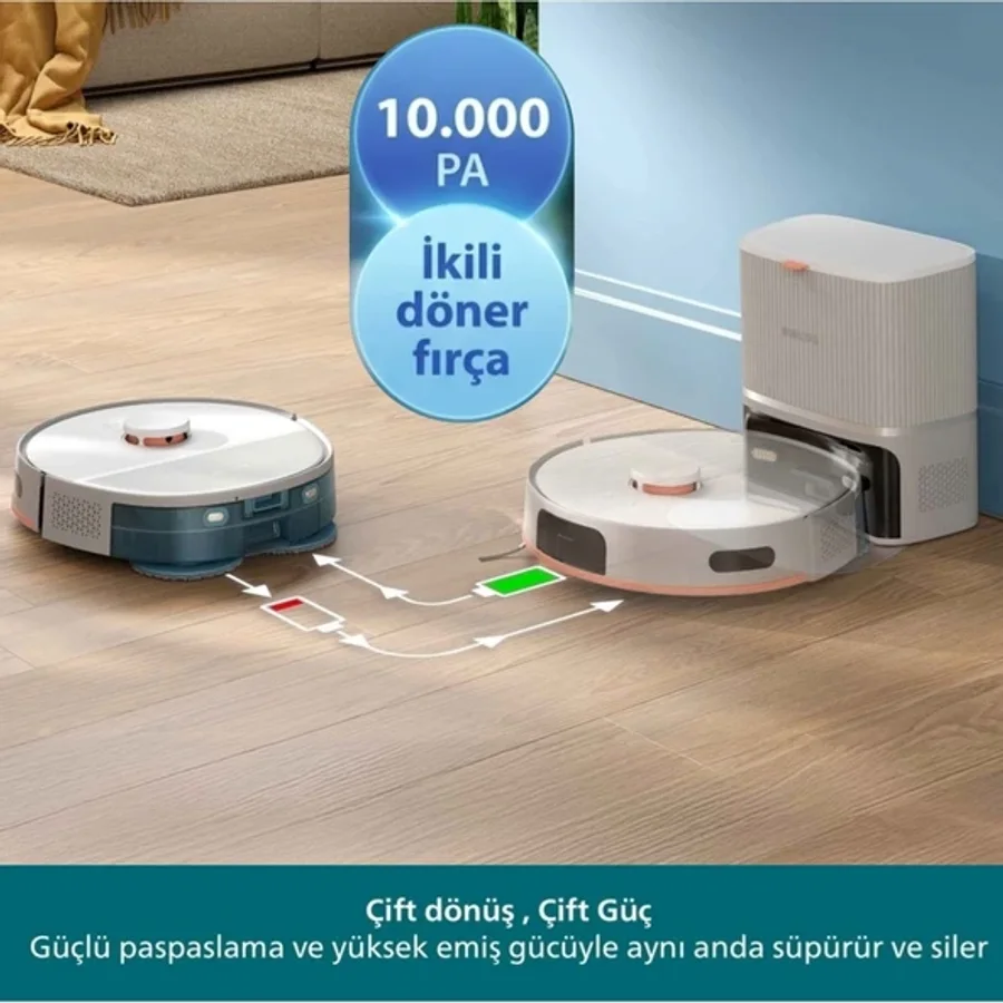 Philips 10000PA Robot Vacuum Homerun 5000 Çift Döner Mop Otomatik Toz Boşaltma 4800MAH 200DK Çalışma Süresi Akıllı Süpürge Beyaz