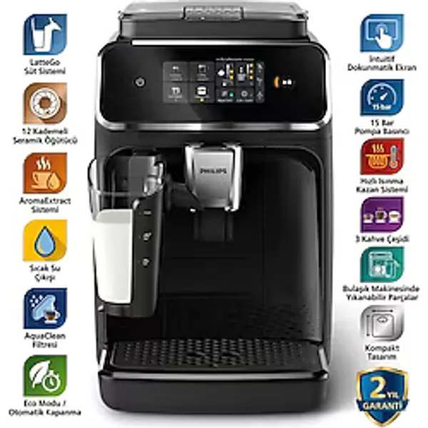 Philips 2300 Serisi Tam Otomatik Espresso Makinesi Lattego Süt Sistemi 3 Çeşit Içecek Seramik Öğütücü Dokunmatik Ekran Aquaclean Filtre Kolay Temizlenebilir Mat Siyah