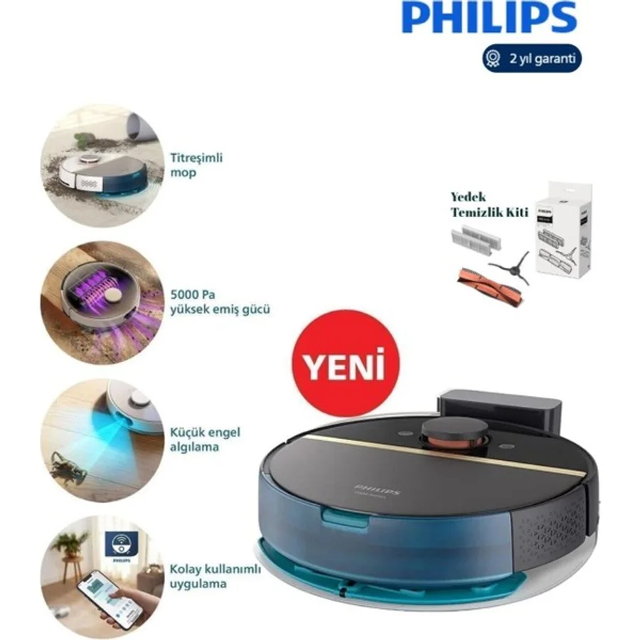 Philips 7000 Islak Kuru Robot Süpürge, 5000 Pa,Titreşimli Mop,Sert Zemin ve Halıya Uygun+Yedek Temizlik Kiti - Beyaz