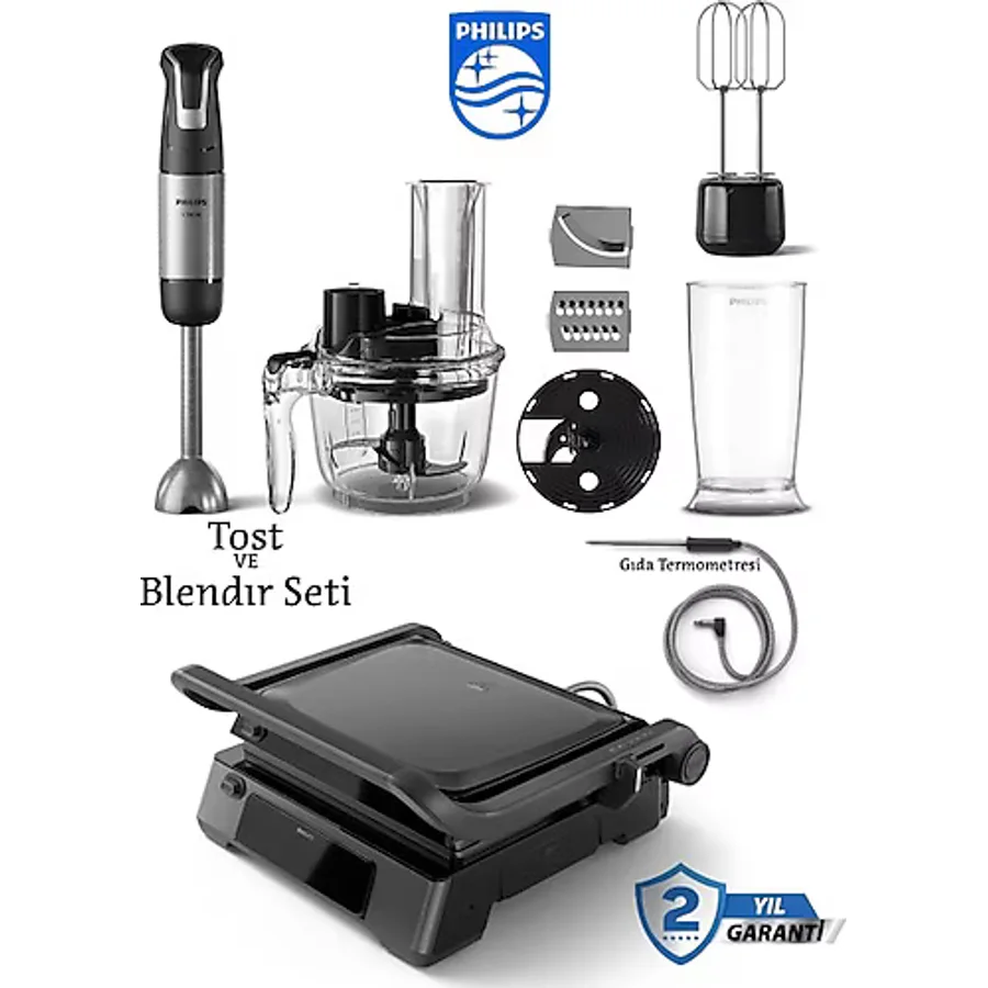 Philips 8 Ön Ayarlı Programlı 7000 Serisi Dijital Izgara ve Tost Makinesi 2200W+ 5000 Serisi Philips El Blenderi+Hassas Mutfak Tartısı - Siyah