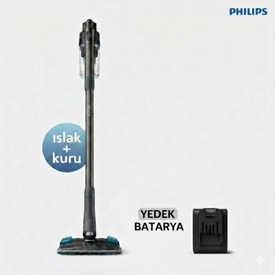 Philips 8000 Serisi Çift Bataryalı Aqua Plus Kablosuz Dik Süpürge Islak Silme ve Süpürme 2'si 1 Arada - Siyah