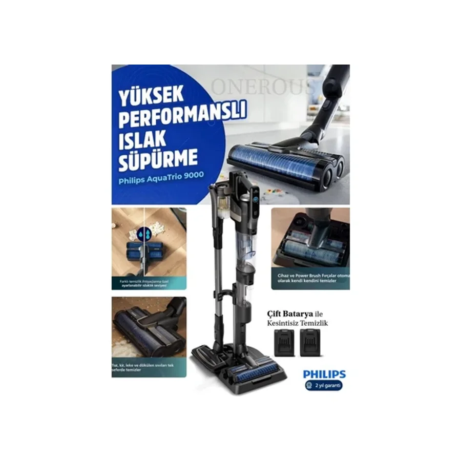 Philips 90 Dk Kesintisiz Temizlik Çift Bataryalı 9000 Serisi Aqua Trio Islak & Kuru Ve Mop Özellikli İstasyonlu Dikey Süpürge