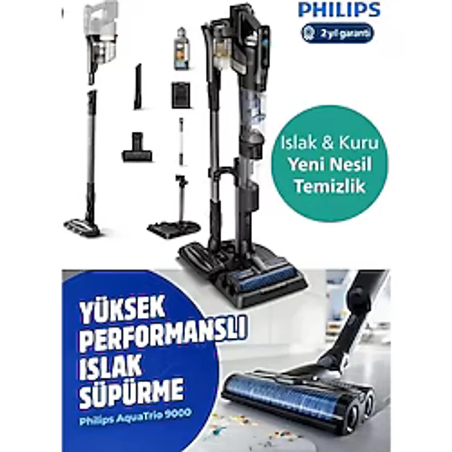 Philips 9000 Serisi Islak & Kuru ve Mop Özellikli Hibrit Güç Motorlu Premium Kablosuz Dikey Süpürge - Antrasit - Gri