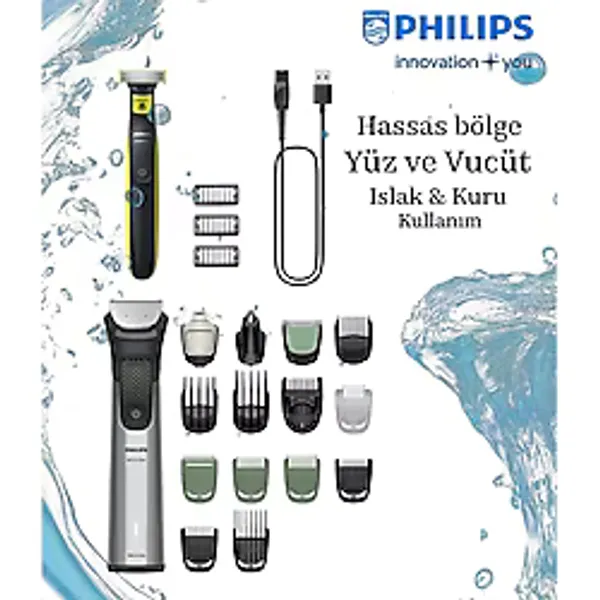 Philips 9000 Serisi Saç Sakal Vücut Kulak Ve Burun Hepsi Bir Arada Islak Kuru Kullanımlı 16 Parça Profesyonel Erkek Bakım Seti+ One Blade + Taş