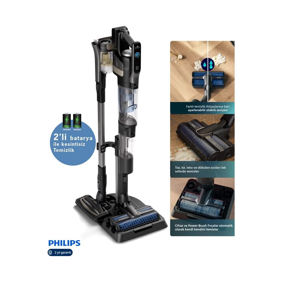 Philips 90DK Temizlik Çift Batarya Kablosuz Islak-Kuru Elektrikli Süpürge 9000 Serisi, Elektrikli Süpürge ve Islak Mop, Kendi Kendini Temizleme İstasyonlu Dik Süpürge-Yedek Fırça Hediyeli - Antrasit