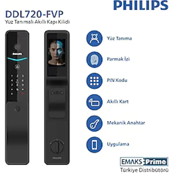 Philips Akıllı Kilit Ddl720-fvp-7hwse - Siyah (EmaksPrime Garantili), 3D Yüz Tanıma Teknolojisi, Merkezi Kilit ile Uyumludur