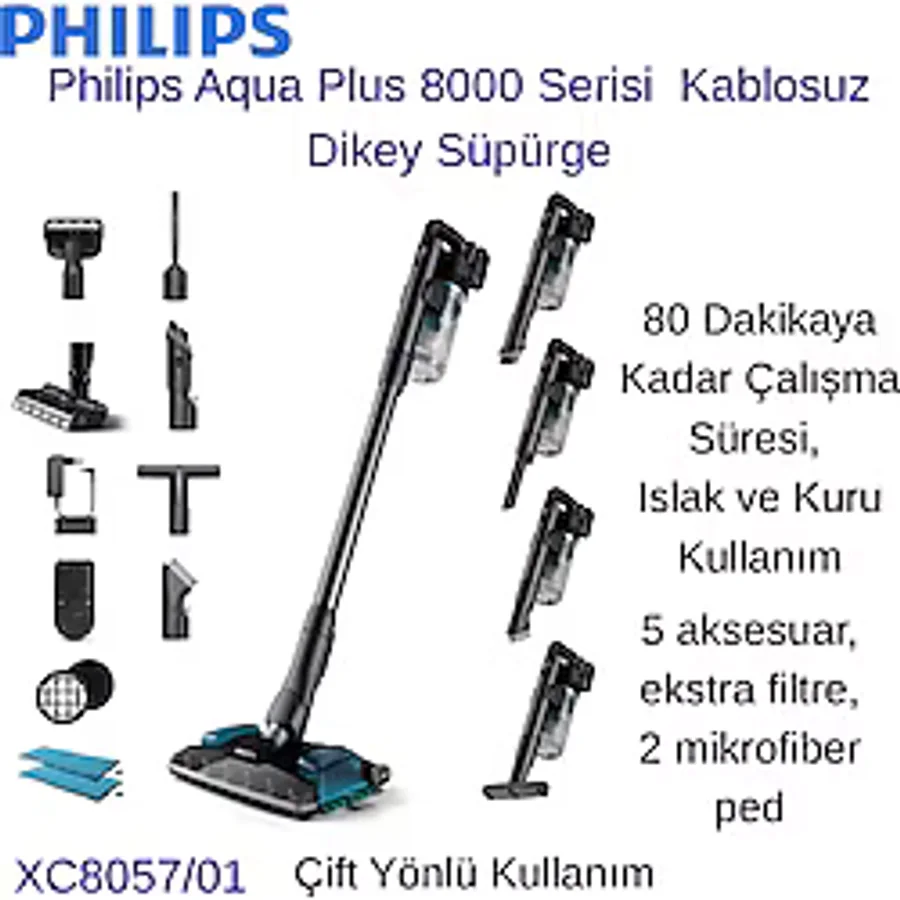 Philips Aqua Plus 8000 Serisi Kablosuz Dikey Süpürge + Aprilla Şarjlı Araç Süpürgesi Hediye