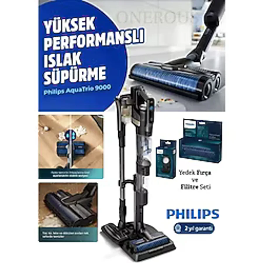 Philips Aqua Trio Islak & Kuru ve Mop Özellikli Kendini Temizleyen Dikey Süpürge +Yedek Filitre ve Fırça Temizlik Seti - Antrasit - Gri