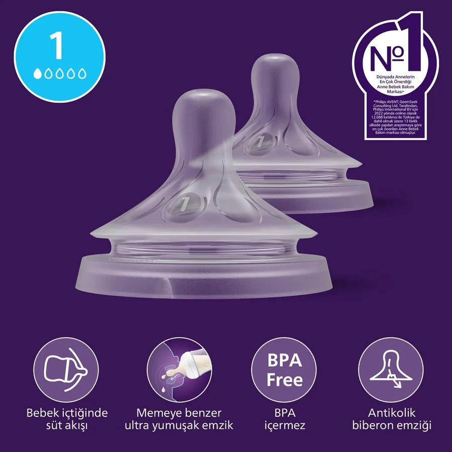 Philips Avent Doğal Tepkili Silikon Biberon Emziği 1 Numara Orta Akış 0+ Ay İçin 2'li Paket
