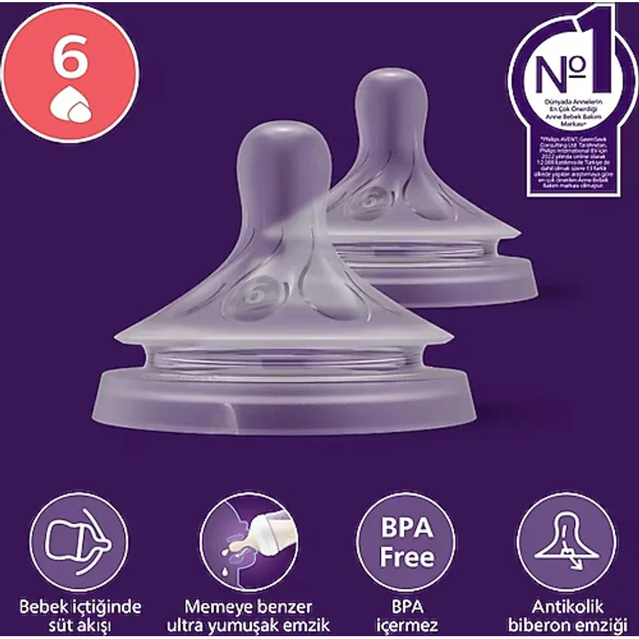 Philips Avent Doğal Tepkili Silikon Biberon Emziği 6 Numara Orta Akış 6+ Ay 2'li Paket