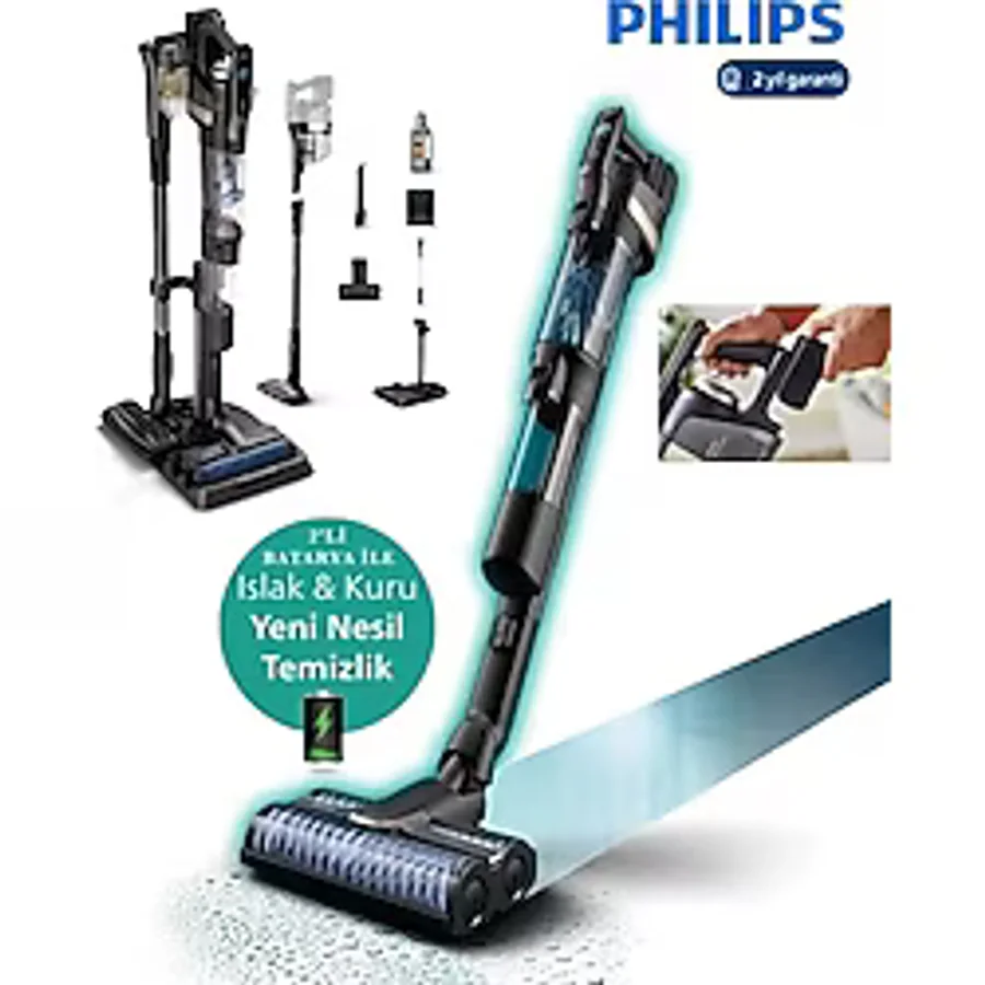 Philips Çift Batarya 90 Dk Kablosuz Islak-Kuru Elektrikli Süpürge 9000 Serisi Islak Mop, Kendi Kendini Temizleyen Istasyonlu Şarjlı Dik Süpürge-Yedek BATARYA-Hediyeli - Antrasit