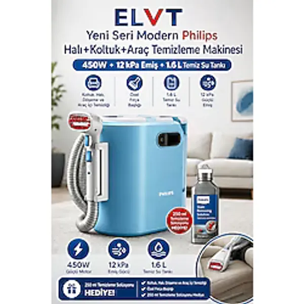 Philips ELVT Yeni Seri Halı+Koltuk +Araç Temizleme Makinesi 450W 12 kPa Emiş, 1.6 L Temiz Su Tankı, Koltuk Halı Döşeme ve Araç İçi Temizliği, Özel Fırça Başlığı, 250 ml Temizleme Solüsyonu Hediye