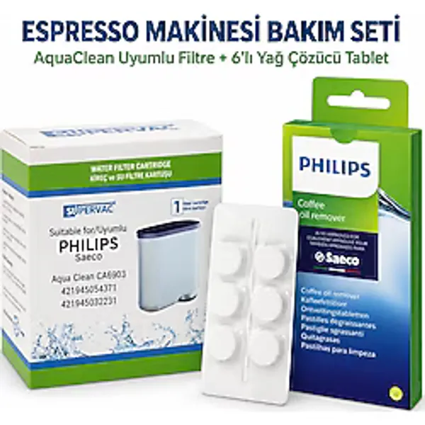 Philips Espresso Kahve Makinesi Bakım Seti Ca6903 Aquaclean Su Filtresi + Ca6704 Yağ Çözücü Tablet Beyaz