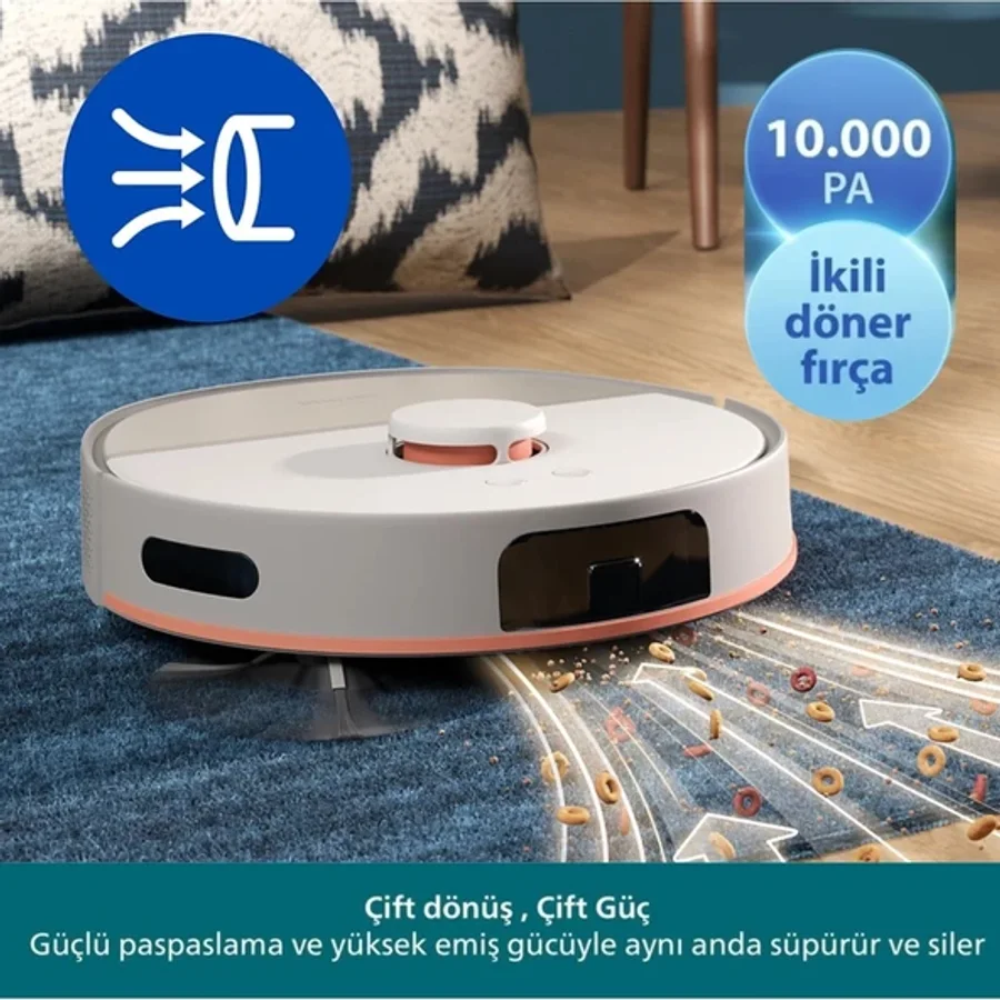 Philips Homerun 5000 Akıllı Robot Süpürge ve Mop 10000PA Çizgi Lazer Navigasyon Dolanma Önleme Çift Döner Paspas 200DK Çalışma Beyaz