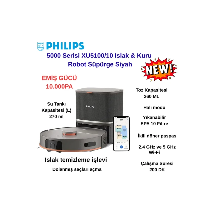 Philips Homerun 5000 Serisi Siyah Çöp Istasyonlu Akıllı Robot Süpürge + Xiaomi Baskül Hediye - Siyah - Bakır