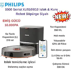 Philips Homerun 5000 Serisi Siyah Çöp Istasyonlu Akıllı Robot Süpürge + Xiaomi Baskül Hediye - Siyah - Bakır