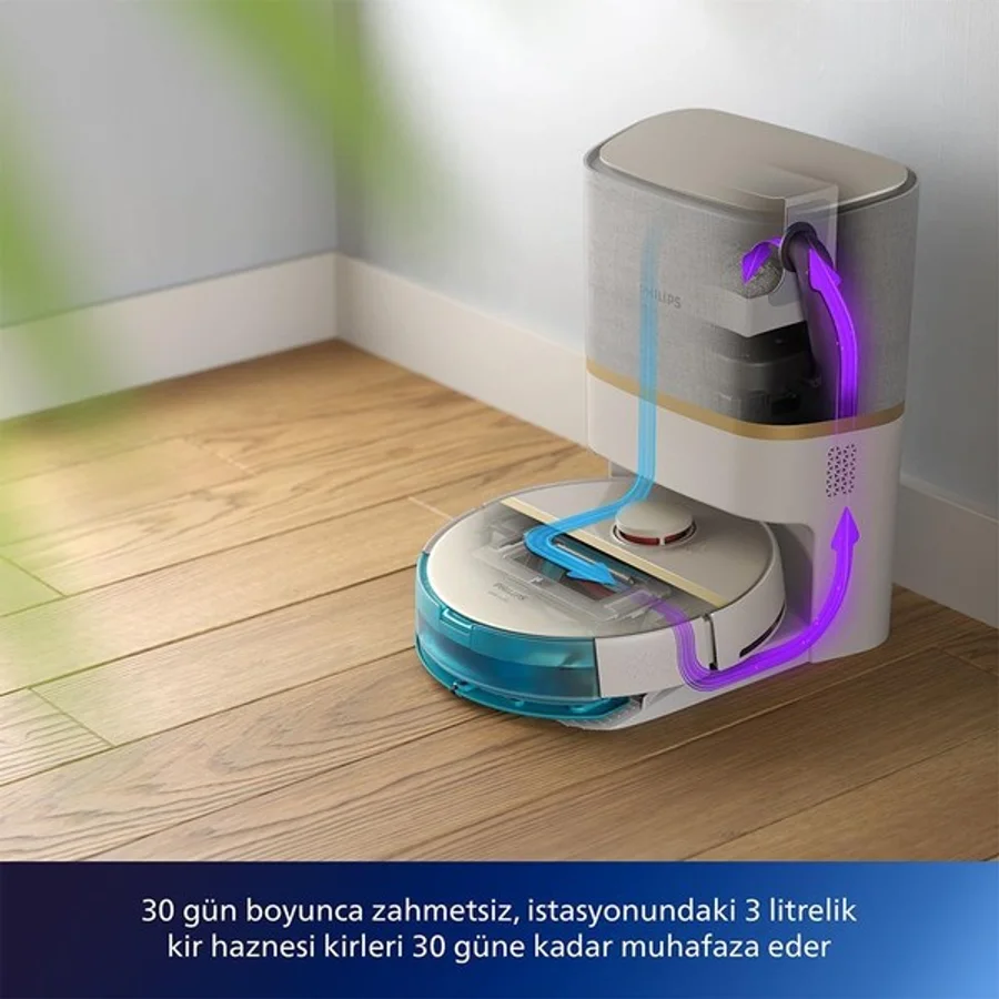 Philips Homerun 7100 Yeni Serisi Islak, Kuru ve Mop Özellikli Ultra Yüksek Emiş Gücü Aqua İstasyonlu Ultra Premium Robot Süpürge,luciole Lambader Hediye - Beyaz