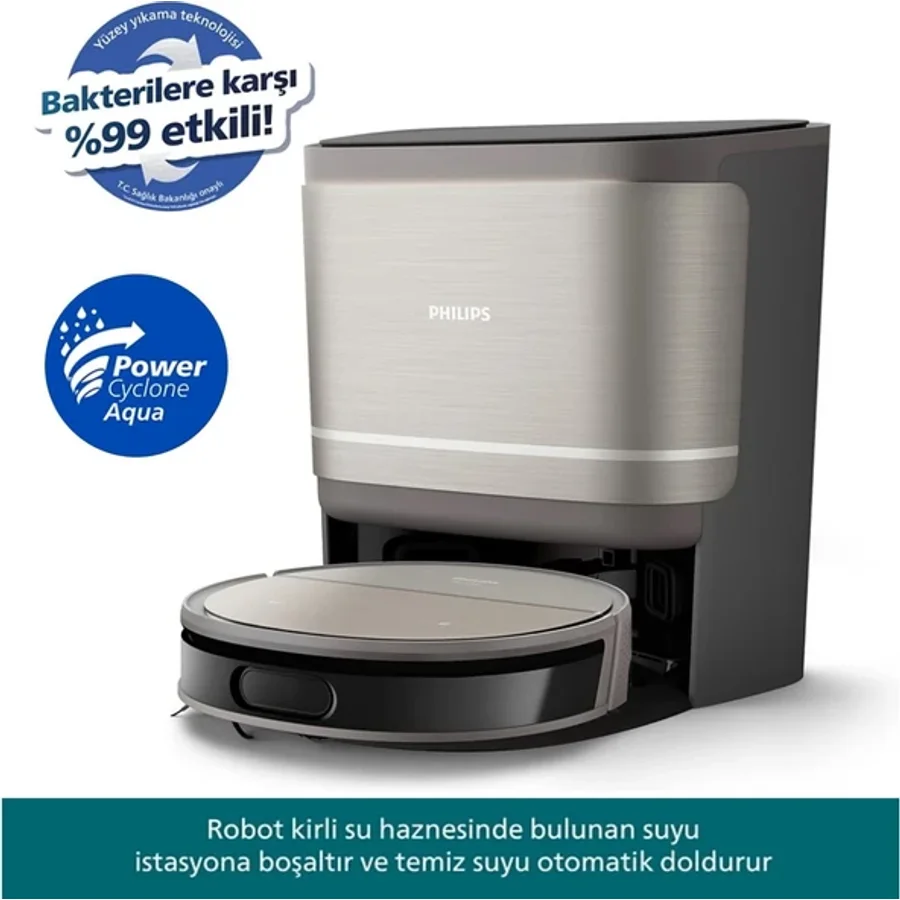 Philips Homerun 9000 Akıllı Robot Süpürge ve Mop 8000PA Powercyclone Kendini Temizleyen Tam Otomatik Navigasyon Hepsi Bir Arada Istasyon Dolanma Önleme Gri