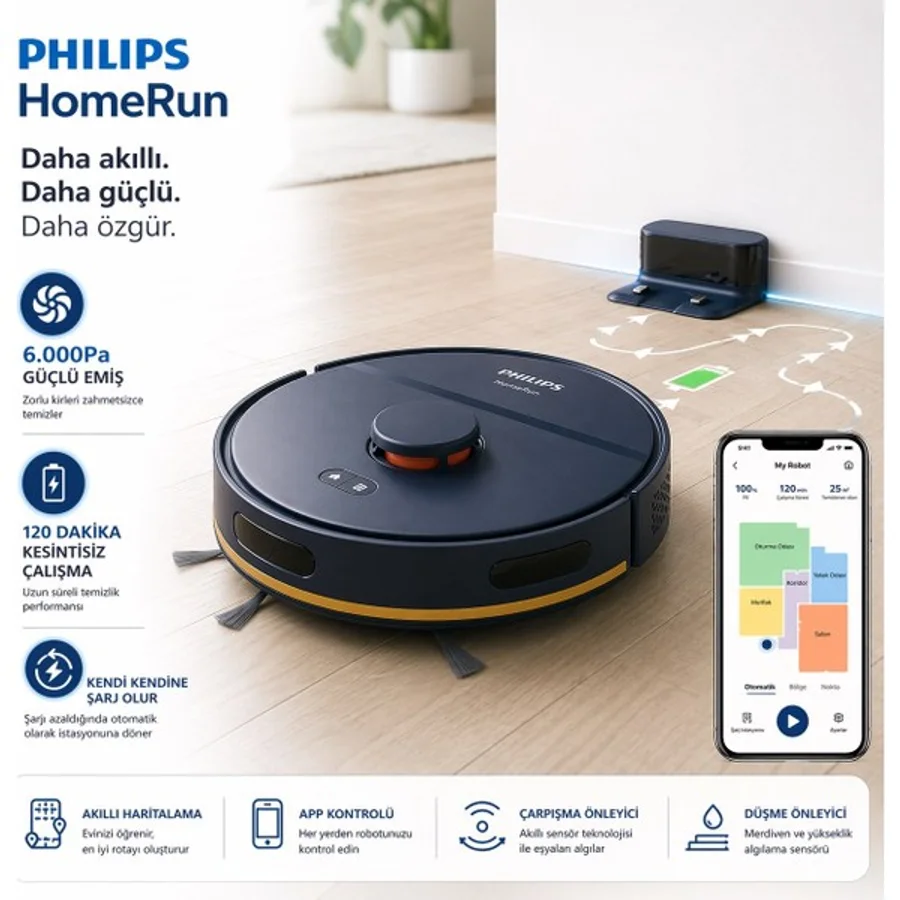 Philips Lazer Navigasyonlu 6000 Pa Yüksek Emiş Güçlü Akıllı Robot Süpürge ve Paspas Çoklu Kat Haritalama Özellikli Islak Kuru Temizlik Asistanı - Siyah