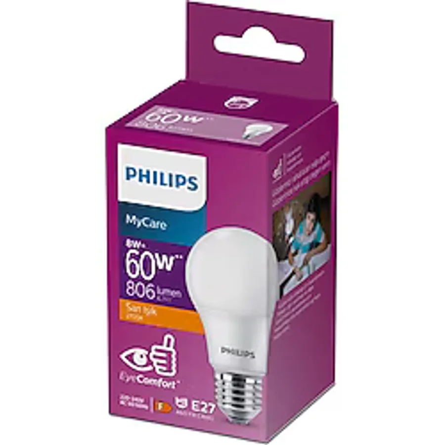 Philips LED Ampul 8-60W 2700K Sıcak Sarı Işık - Enerji Tasarruflu, Uzun Ömürlü ve Göz Yormayan Aydınlatma