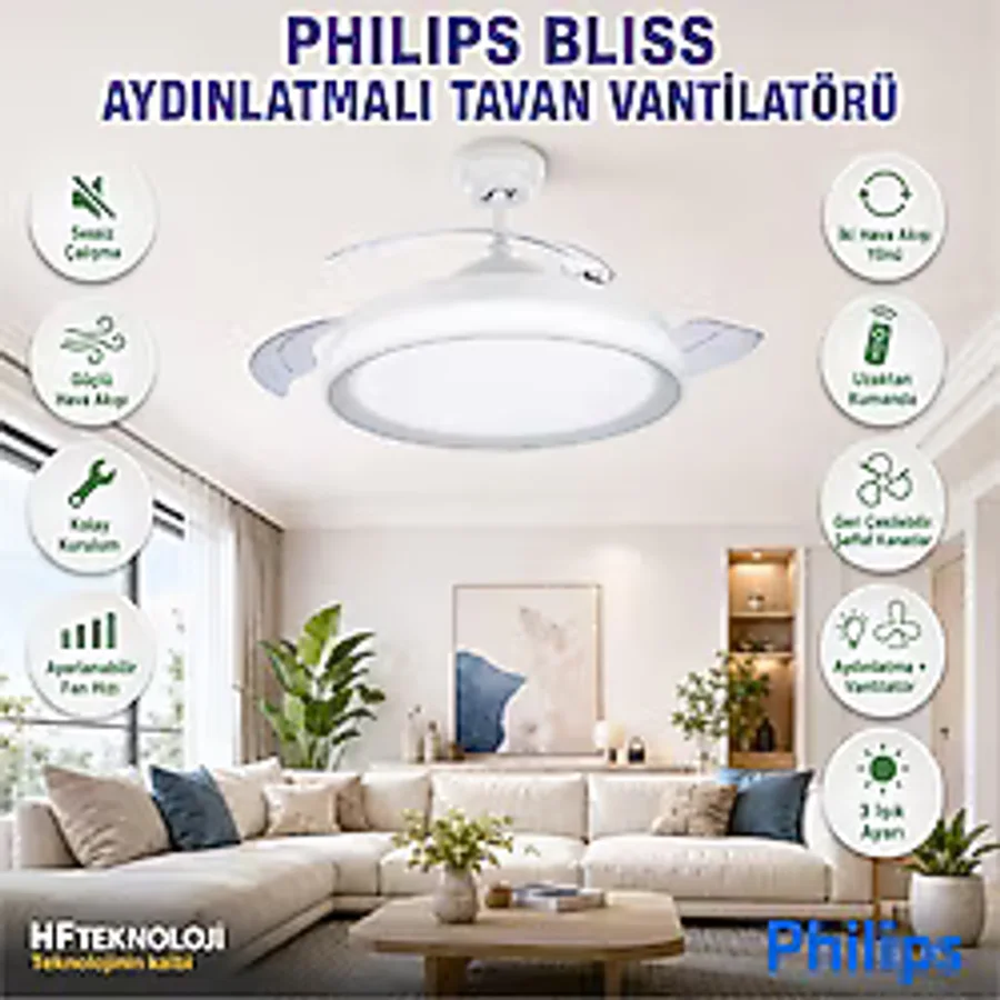 Philips LED Aydınlatmalı 3 Kanatlı Modern Tasarım ile Blıss Beyaz Tavan Vantilatörü