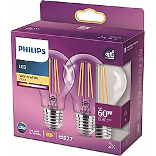 Philips LED Classic 60W A60 Filament Ampul, 2700 Sarı Işık, E27 Normal Duy, Dim Edilmez 2'li Ekopaket