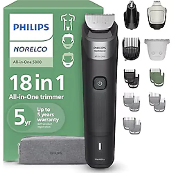 Philips Norelco Multigroom 5000 Serisi, Hepsi Bir Arada Düzeltici, Sakal Düzeltici ve Saç Kesme Makinesi, 18 Parça Erkek Bakım Seti, Sakal, Yüz, Burun, Kulak, Vücut için, Titanyum Bıçaklı, Seyahat