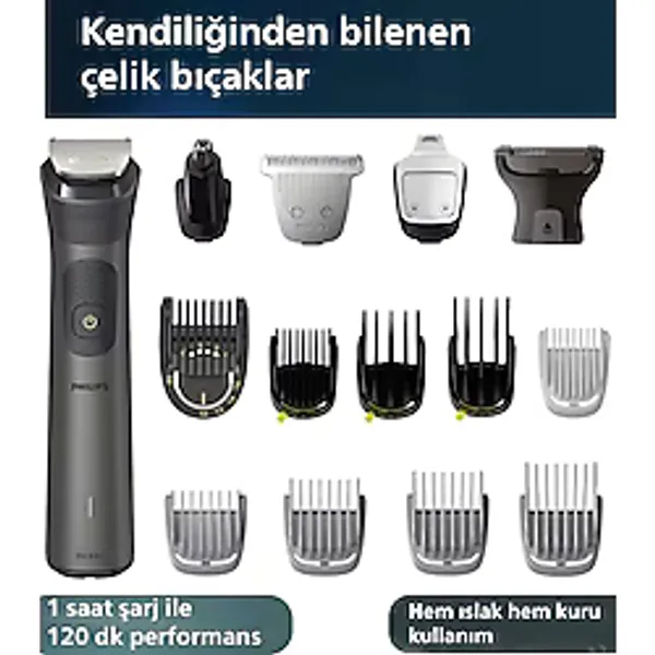 Philips Saç Sakal Vücut Kulak ve Burun ,çelik Bıçaklı Islak Kuru Kullanıma Uygun Hassas Kesim Sunan 15 Parça Şarjlı Erkek Bakım Seti Series 7000 - Gri