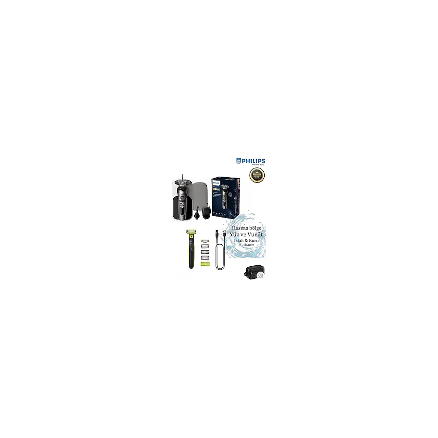 Philips SIfır Traş-Burun Vucüt Erkek Bakım Seti- Premium Kablosuz, 7 yıl motor ve pil ömrü SP9872/22 9000 Serisi Islak Kuru Tıraş Makinesi+One Blade Hafif Pratik Traş - Gri - Siyah