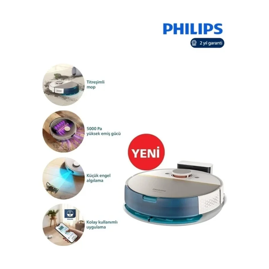 Philips Titreşimli Paspas,Ultra Yüksek Emiş Gücü Aqua Islak Ve Kuru 7000 Serisi Temizlik Robotu 180Dk Kadar Temizlik, 5000 Pa Emiş Gücü, Ulaş