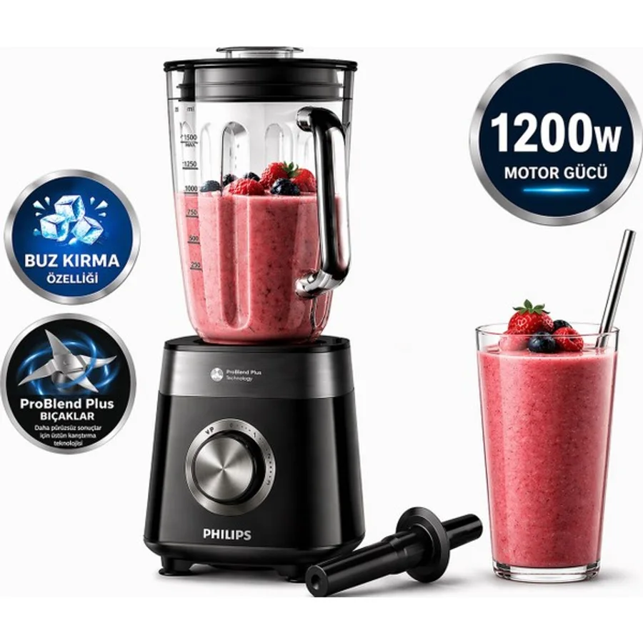 Philips Ultra Güçlü Serisi Blender 1200W Buz Kırıcı Problend Teknolojili 2 Lt Cam Hazneli Smoothie Blender - Siyah - Antrasit