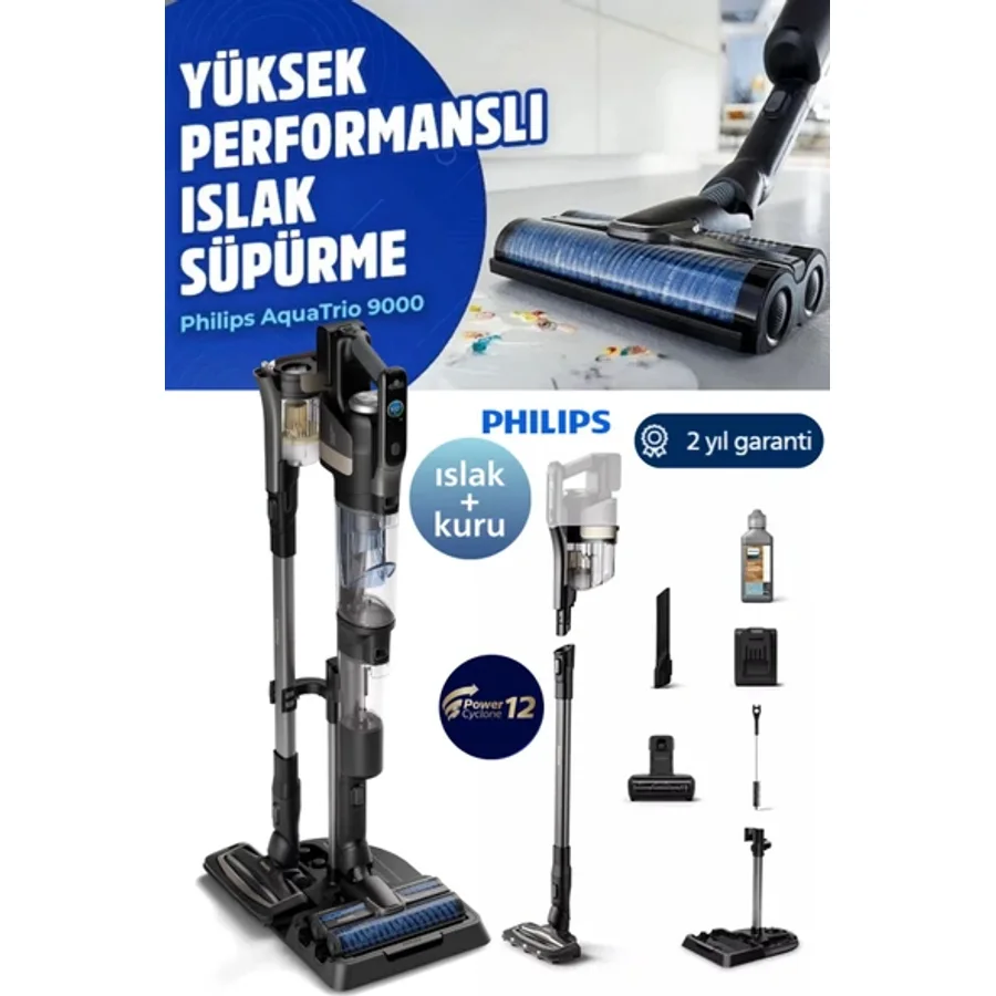 Philips Yeni Nesil Islak & Kuru Aqua Trio 9000 Seri Dijital Ekran, Hibrit Güç Motorlu Kablosuz Dik Süpürge