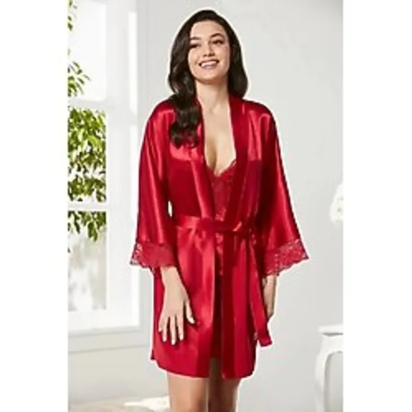 Pierre Cardin Saten Dantelli Gecelik Sabahlık Takım 4280 kırmızı