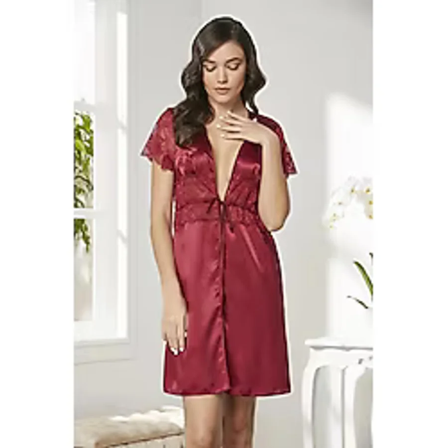 Pierre Cardin Saten Dantelli Midi Sabahlık 1020 Bordo