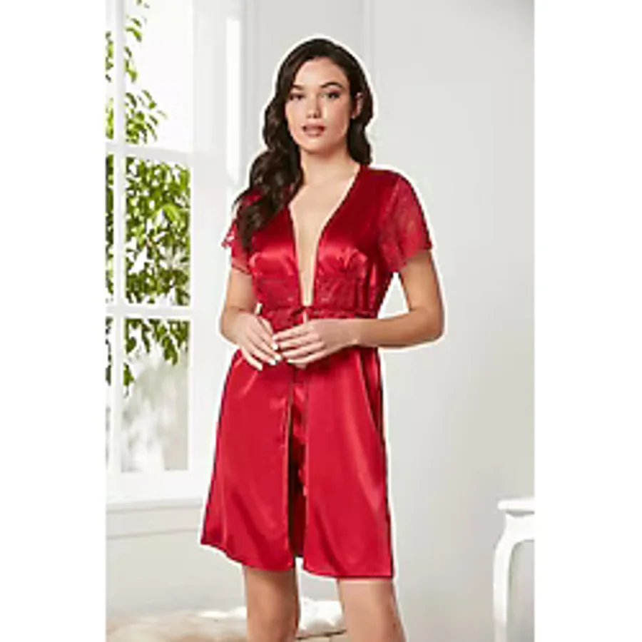 Pierre Cardin Saten Dantelli Midi Sabahlık 1020 Kırmızı