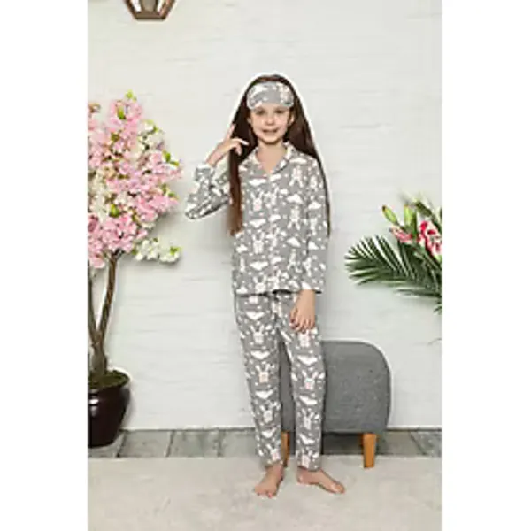 Pijama Moda Kız Çocuk Gri Tavşan Desenli Uzun Kollu Pijama Takımı. Göz Bandı Dahildir.