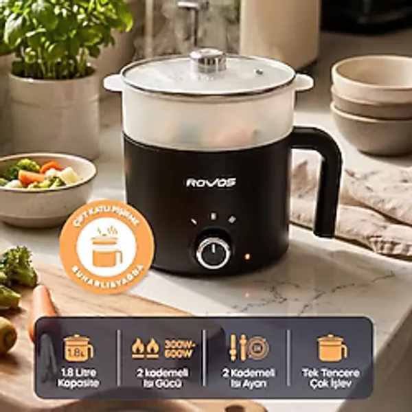 Pikas ROVOS RV-5100 Elektrikli Mini Tencere 1,8 L, Buharlı Pişirme Aparatlı, Yapışmaz Tencere, Ramen, Makarna, Çorba ve Yemek Pişirici