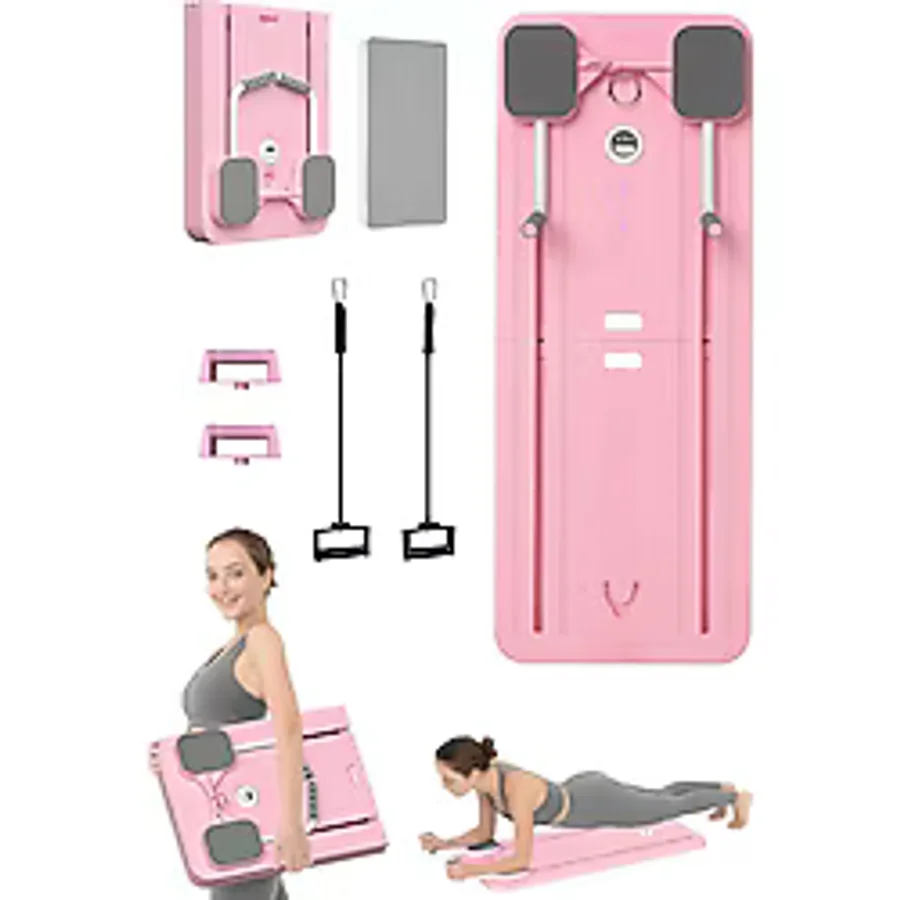 Pilates Aleti Zamanlayıcılı, Direnç Bantlı Çok Amaçlı Egzersiz Tahtası Açık Pembe