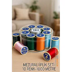 Pileli Store Hsnet Dikiş Ipliği Seti - 10 Renk 1000 mt Kutulu Mezuralı Dikiş Seti