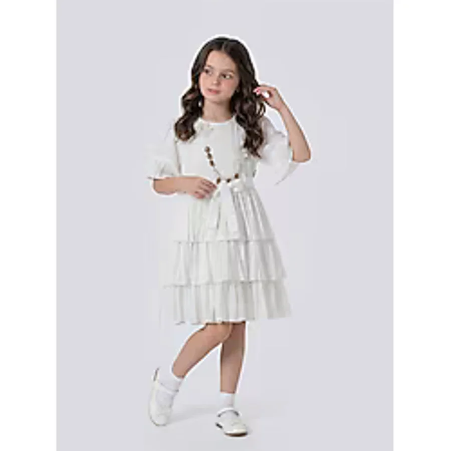 Pina Kids Kız Çocuk Eteği Katlı Kısa Kollu Kolyeli Elbise