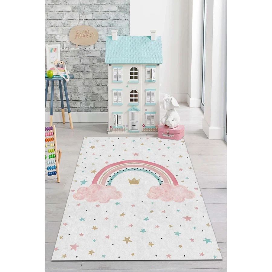 PINKIE HOME Dijital Baskı Kaymaz Makinede Yıkanabilir Pembe Gökkuşağı Desenli Çocuk Odası Halısı Oyun Halısı-4
