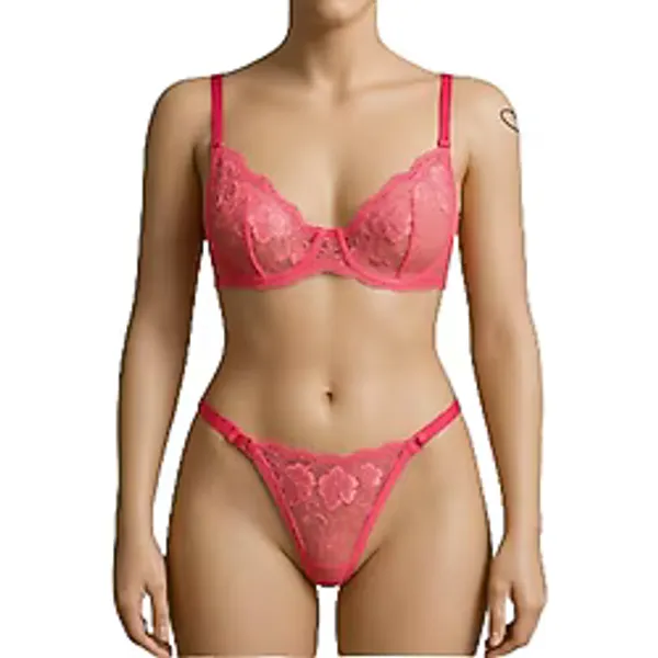 Pinky Flower Balenli Transparan Pembe Parlak Çiçek Desenli Sütyen Tanga Takım