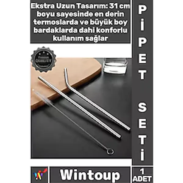 #Pipetseti Termos Uyumlu 31 Cm Ekstra Uzun Paslanmaz Çelik Pipet Seti - 3 Parça Eğri + Düz + Fırça