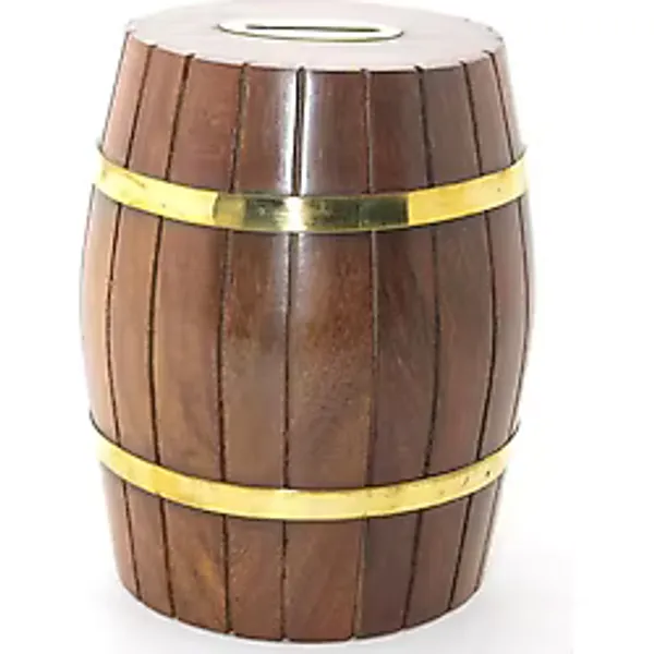 Pirinç Ahşap Fıçı Kumbara 15 Cm Wb538
