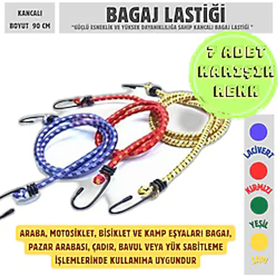 PIRISA 7'li Kancalı Bagaj Lastiği Dayanıklı Taşıma Araba Motosiklet Bisiklet Kamp Seyahat Bağlama Lastiği