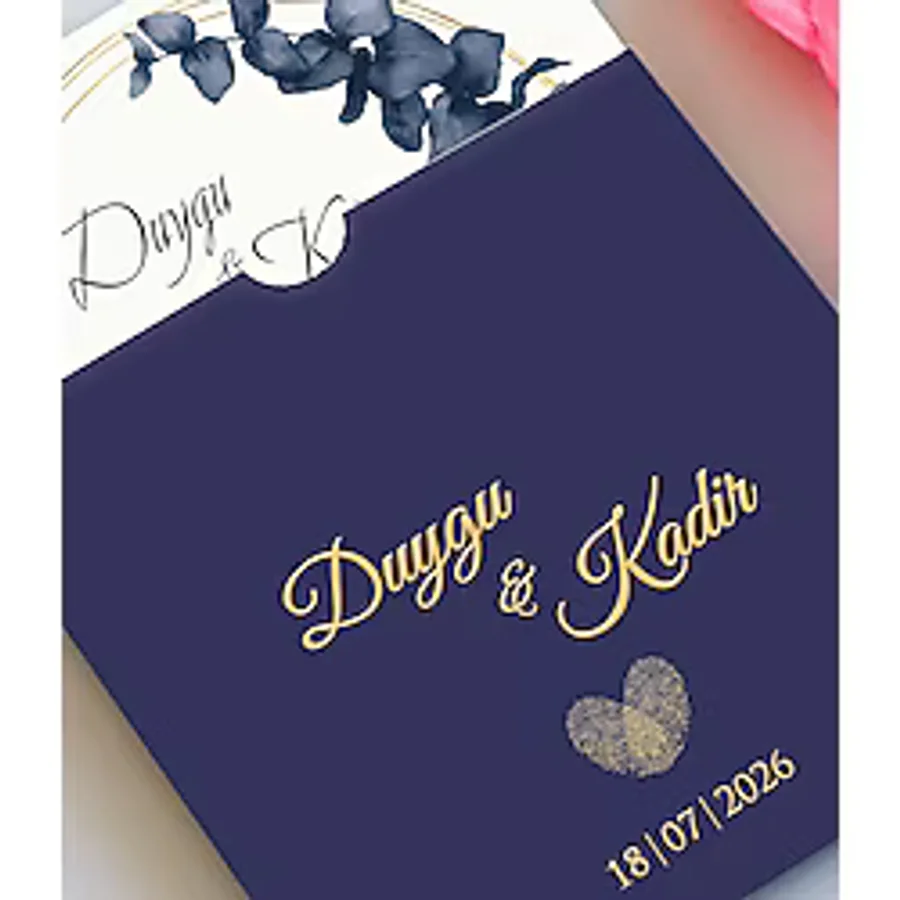 Pixel Davetiye 50 Adet Lacivert Düğün Davetiye Altın Yaldızlı-Düğün-Nişan-Kına-Sünnet Davetiyesi-7705